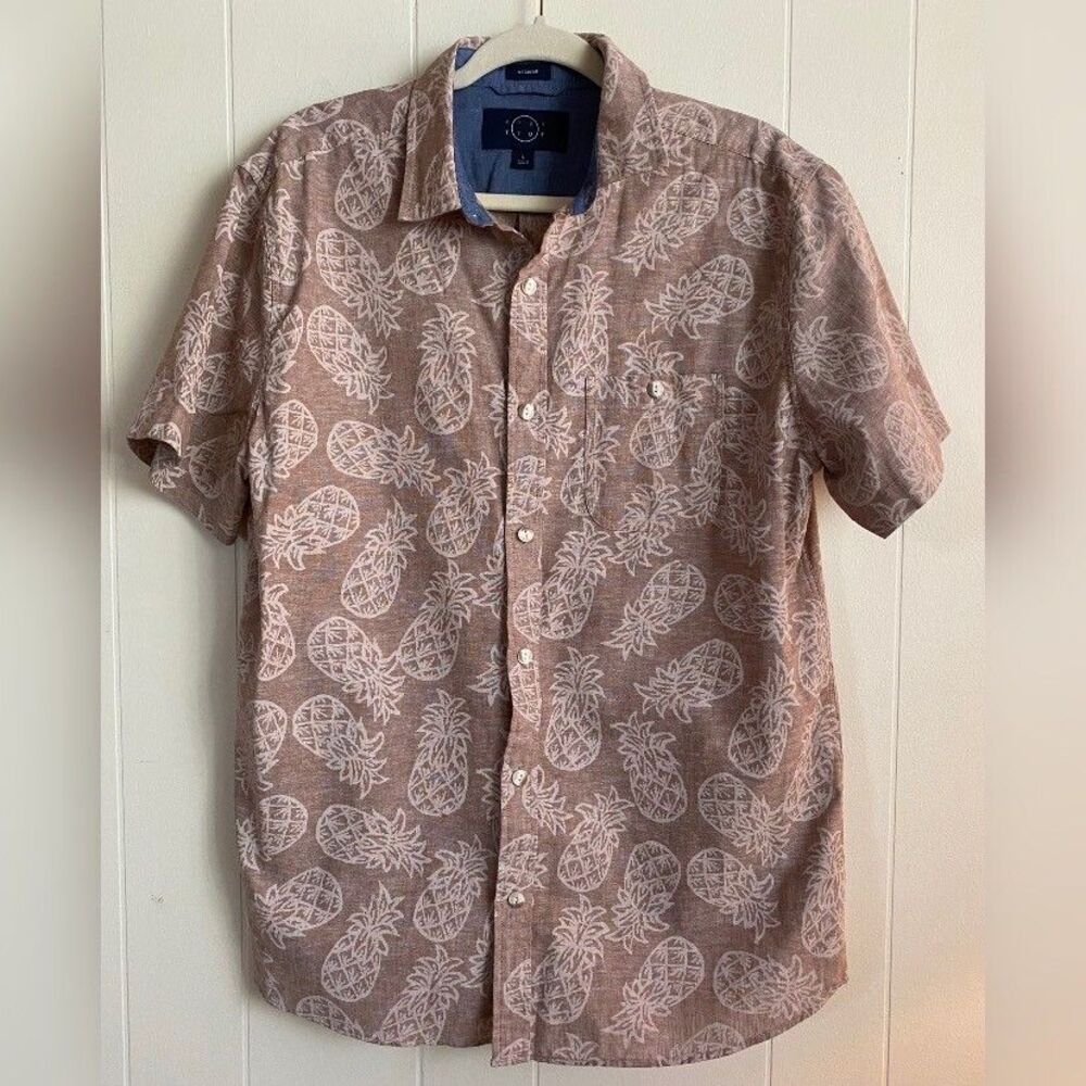 Even Tide Shirt Men’s Large Beige Linen Cotton Pineapples Hawaiian Button Up